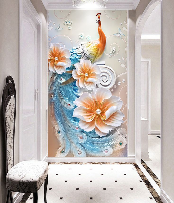 the hallway is decorated with flowers and a peacock on it's back dropper