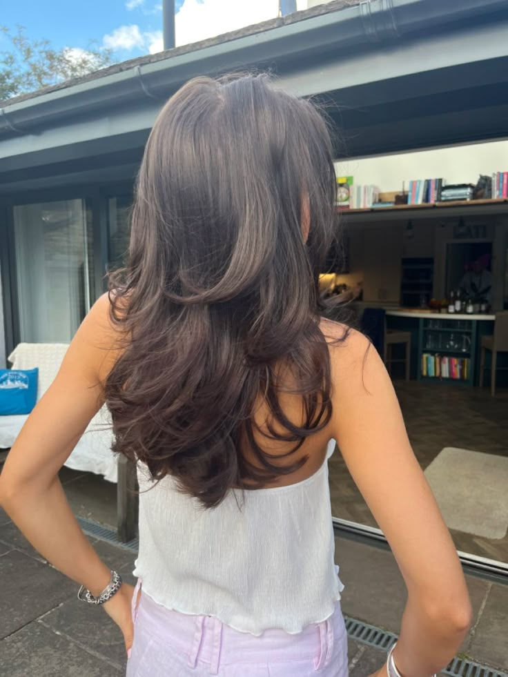 Brunette Hair Layers Medium, Brown Hair Blowout Layers, Blowout Brunette Hair, Haïr Cut Thick Medium Hair, Thick Dark Hair Styles, Mid Length Hair With Layers Blowout, Haircuts For Thick Wavy Hair Frizzy, Hair Cuts For Thick Hair Long Layered, 90s Layered Hair Black