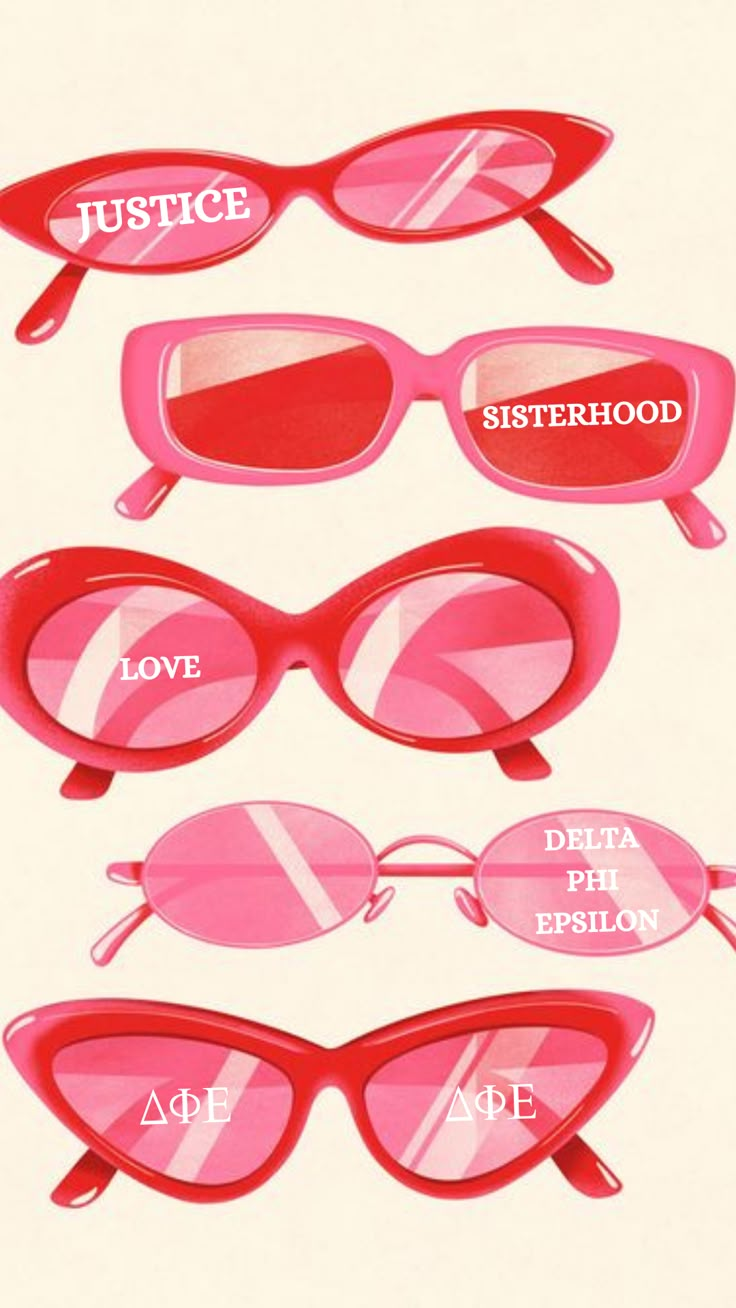 pink and red sunglasses with the words justice, sisterhood, love, delta blvd