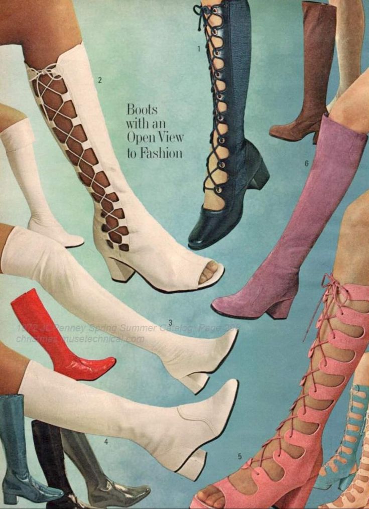 1970s Runway Fashion, 60s Shoes Women, Retro Shoes 70s, Vintage 60s Aesthetic, 70s Lookbook, 60s Boots, 1964 Fashion, 1970s Shoes, 60s Shoes