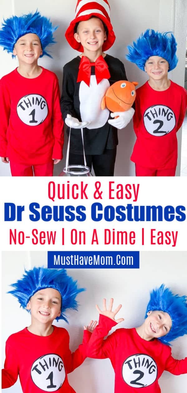 three children wearing dr seuss costumes with the words, quick and easy