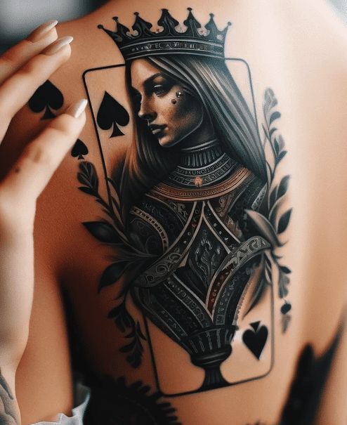 the back of a woman's shoulder with tattoos on it and playing cards in front of her