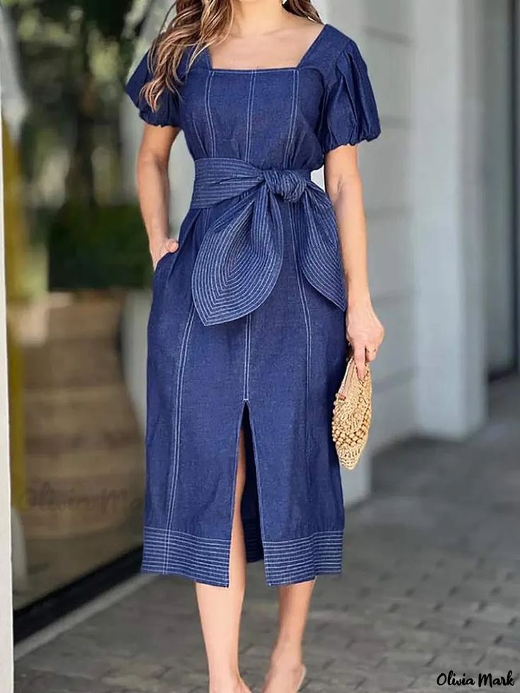 Olivia Mark - Square Neck Plus Size Midi Dress: Short Sleeve, Loose Fit, Elegant Design Fitted Denim Dress, Short Sleeve Denim Dress, Inexpensive Dresses, Sukienki Plus Size, Elegant Midi Dresses, Denim Midi Dress, Denim Skirt Women, Denim Chic, Sleeves Clothing