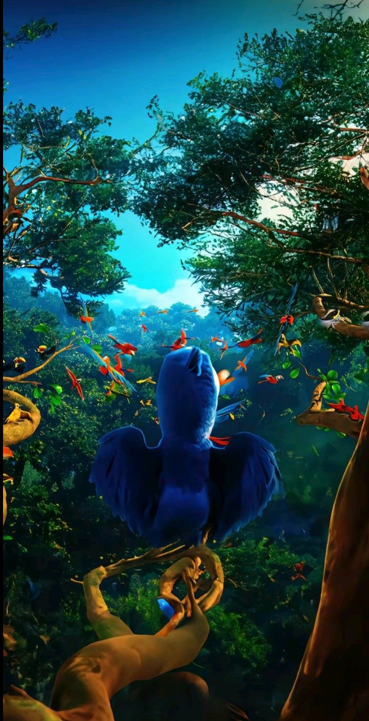 a blue stuffed animal is in the middle of a forest with other animals and trees