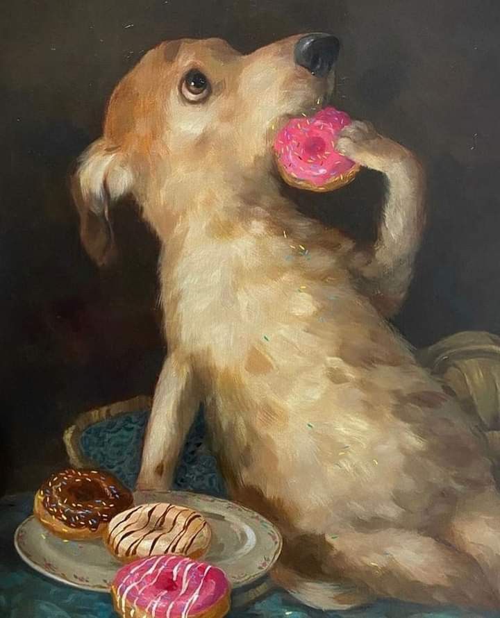 a painting of a dog with two donuts in his mouth