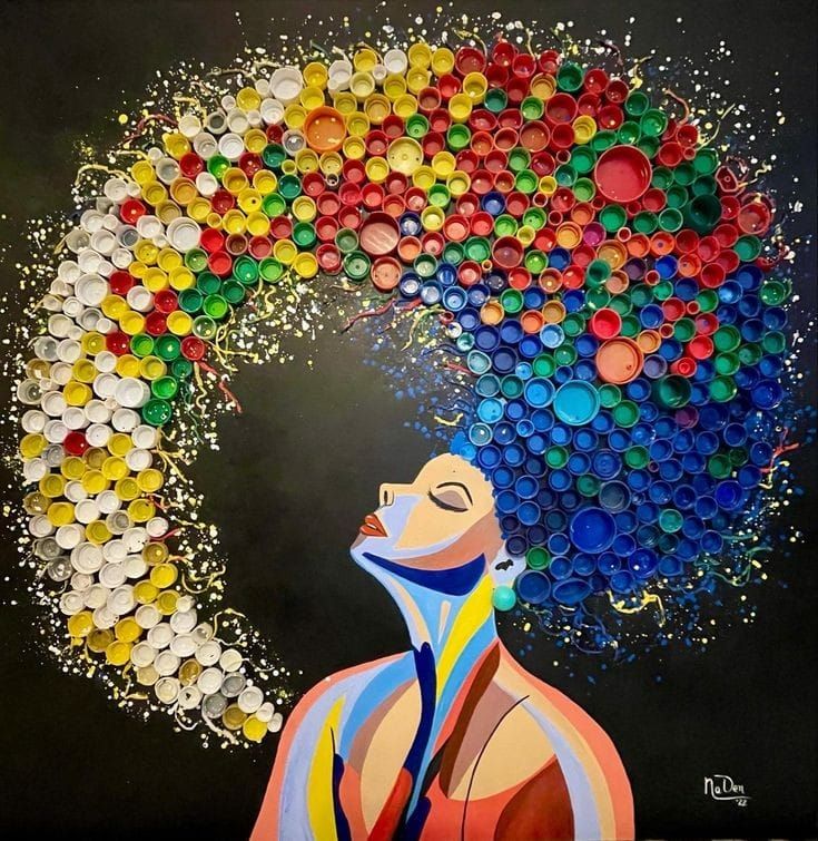 a painting of a woman's head with colorful bubbles coming out of it