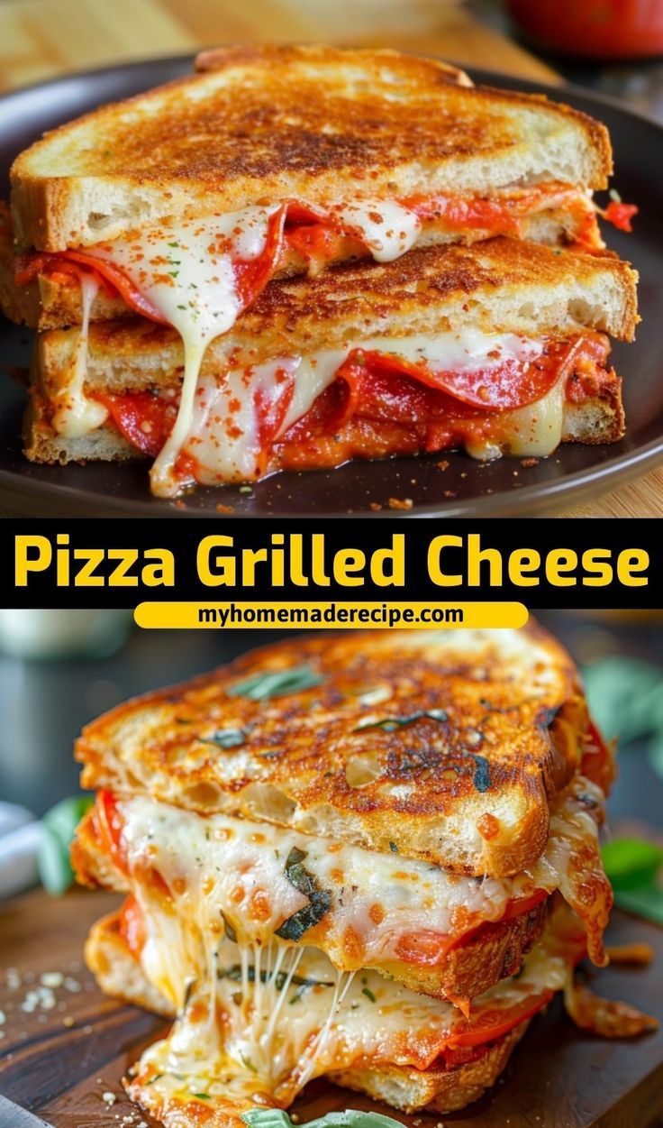 grilled cheese sandwich cut in half and stacked on top of each other with tomatoes