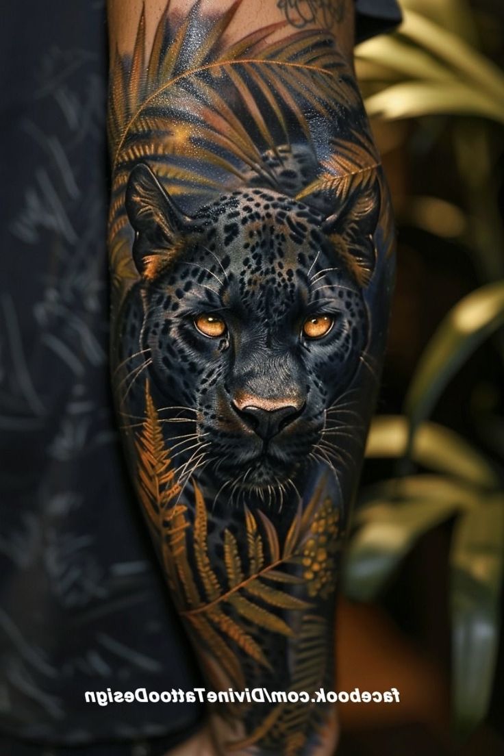 a man with a tattoo on his arm has a black and orange leopard head in the middle