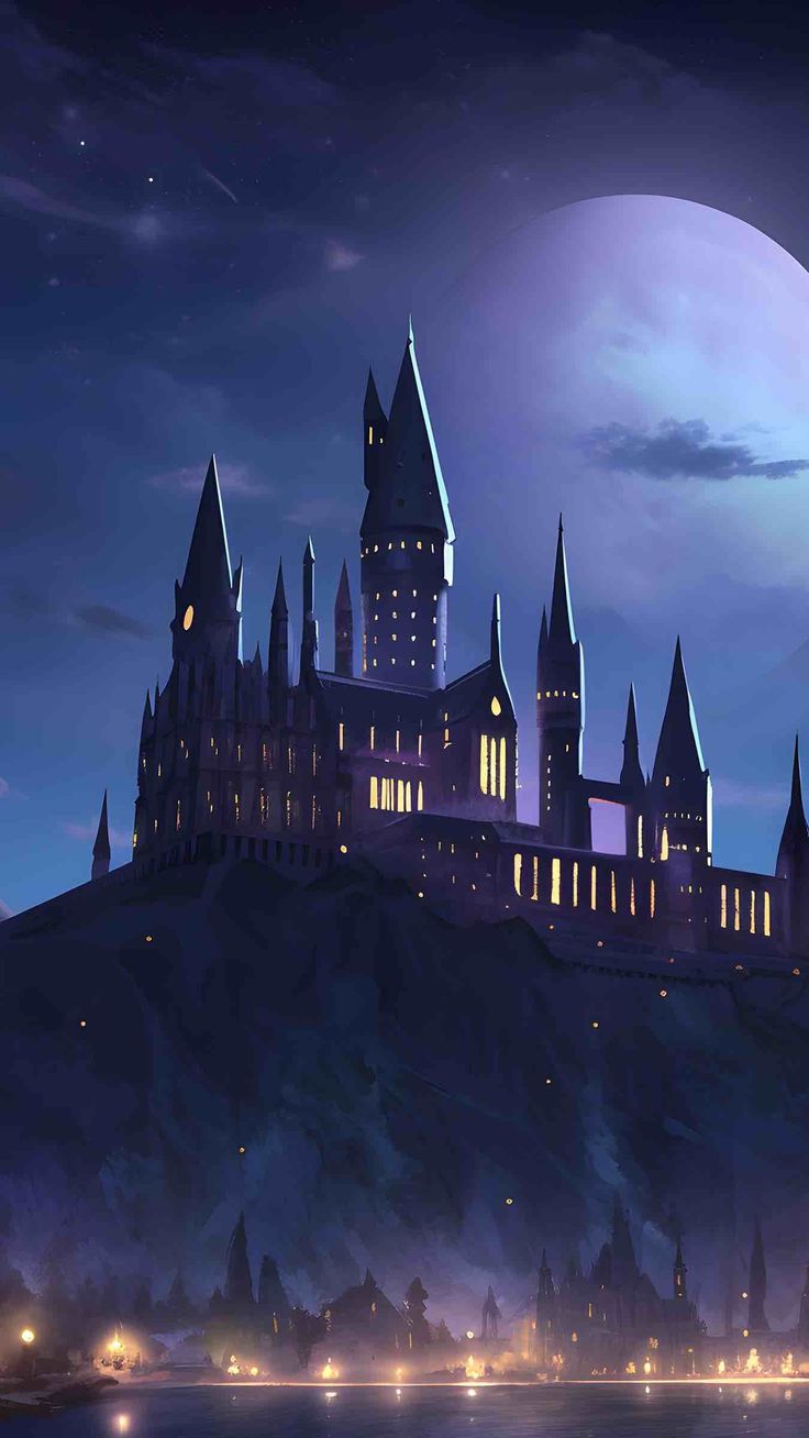 hogwart's castle is lit up at night with the moon in the background