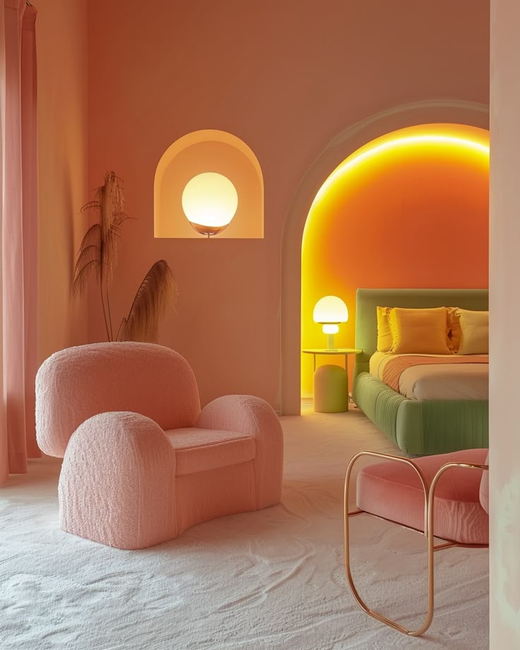 a bedroom with pink walls and white carpet