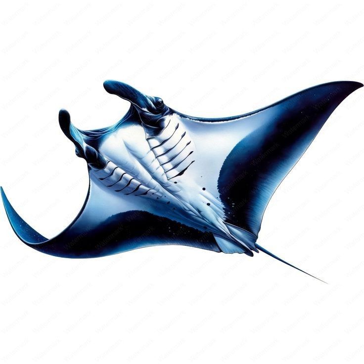 a manta ray is flying through the air with its tail curled up and it's eyes open