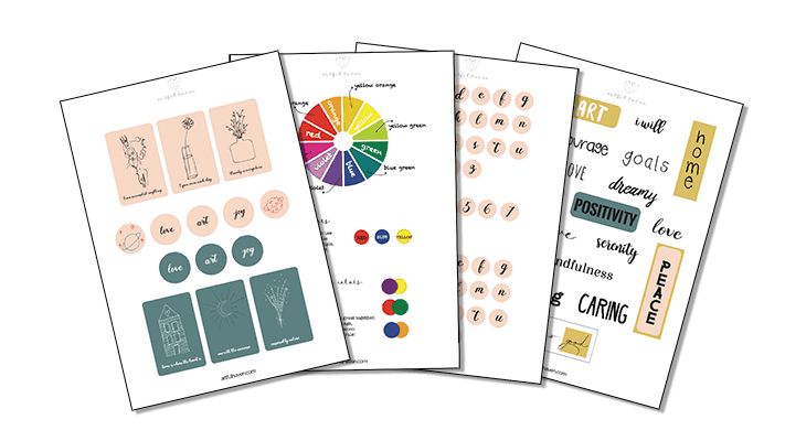 four sheets of paper with different types of colors and numbers on them, all showing the same color wheel