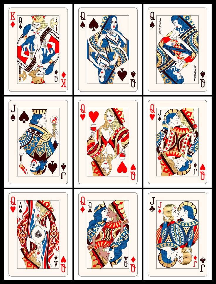 six playing cards with different designs on each card, all in red and blue colors