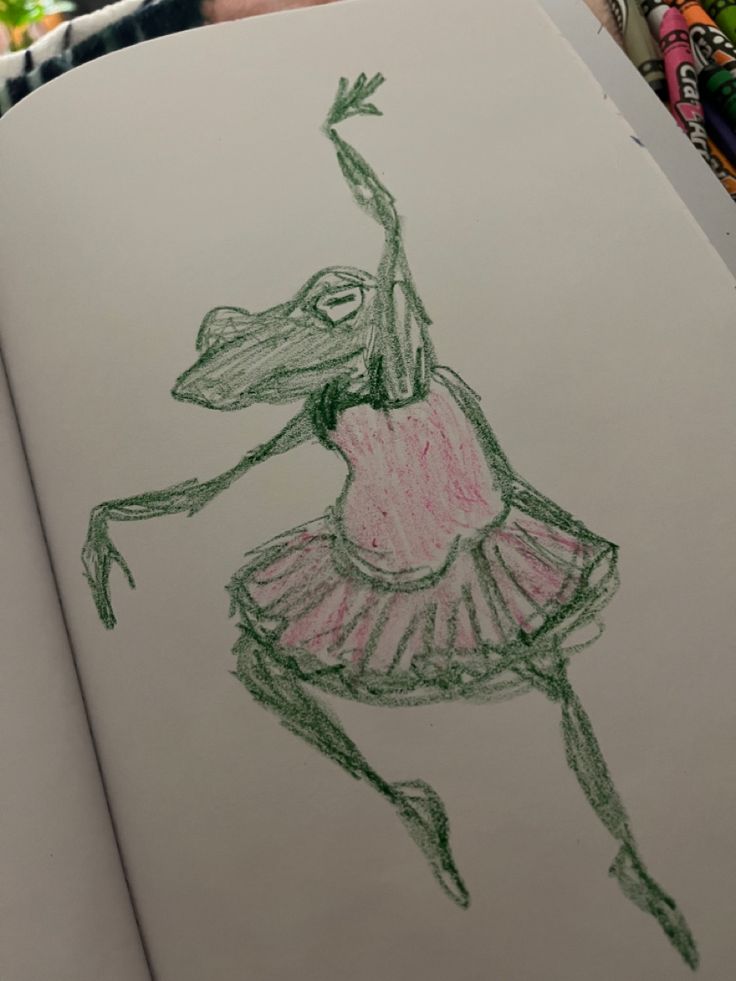 Drawing of frog doing a ballerina pose with a pink tutu How To Draw A Tutu, Drawing Of Frog, Tutu Drawing, Ballerina Frog, Ballerina Poses, Green Tutu, Pink Tutu, Drawing Inspo, Color Pencil Art