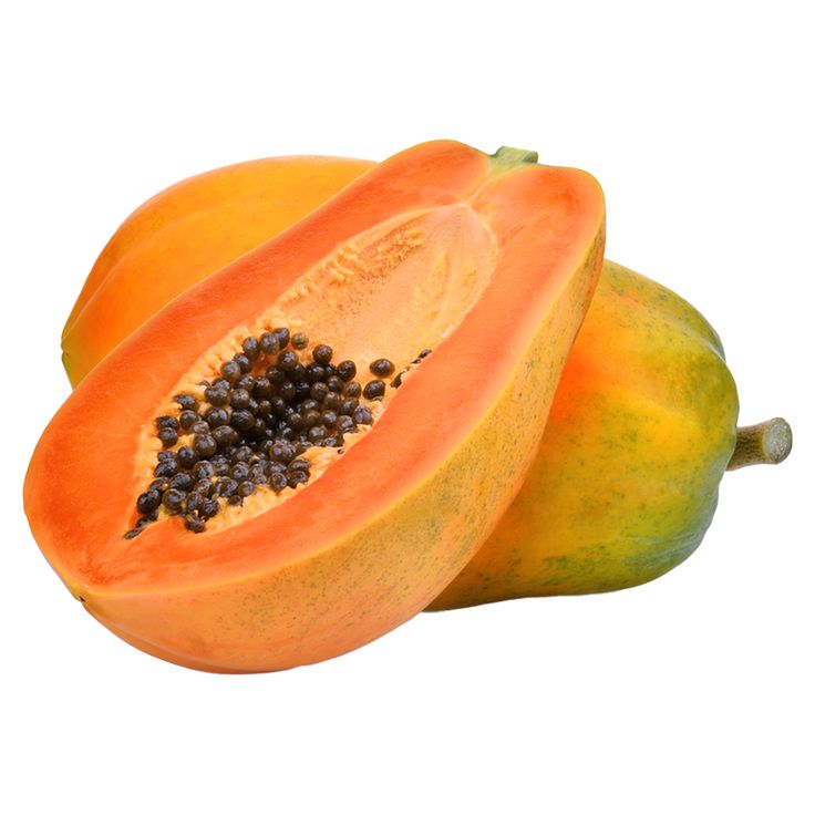 two pieces of papaya with seeds on the top and one piece cut in half