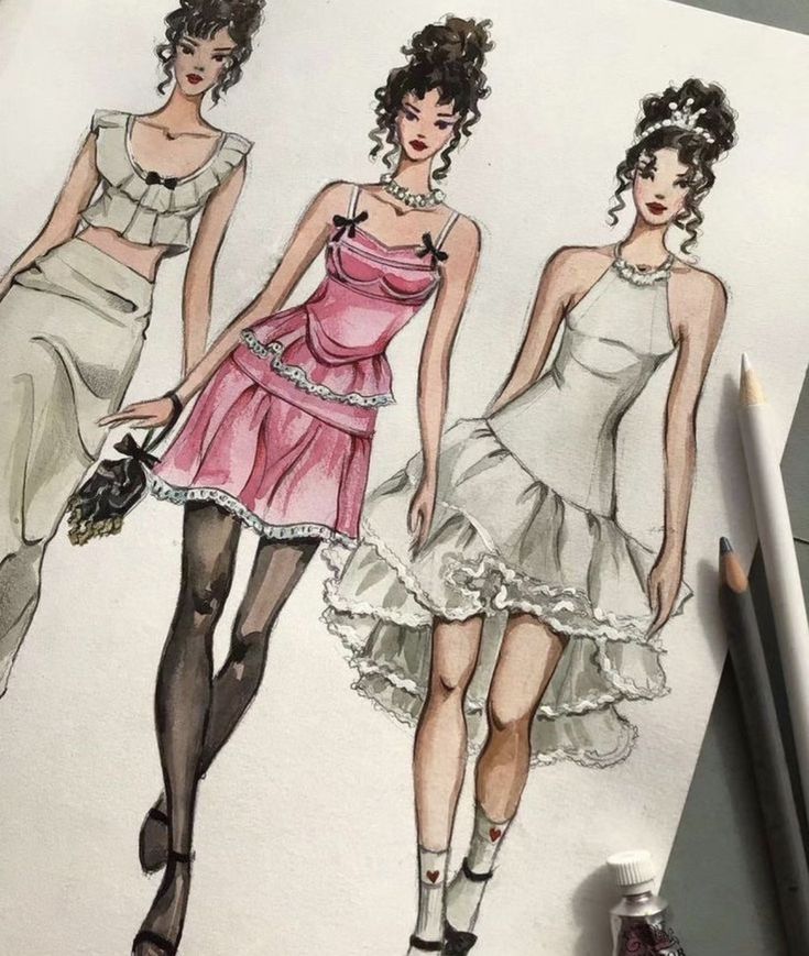 three women in dresses and stockings are shown on a sheet of paper with colored pencils