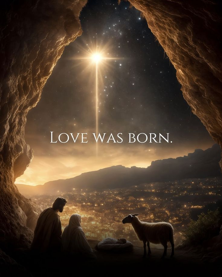 the birth of jesus christ and mary in an open space with stars above them, which reads love was born