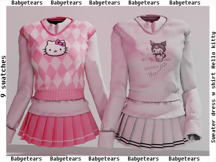 two pink sweaters with hello kitty on the front and back, both in different colors