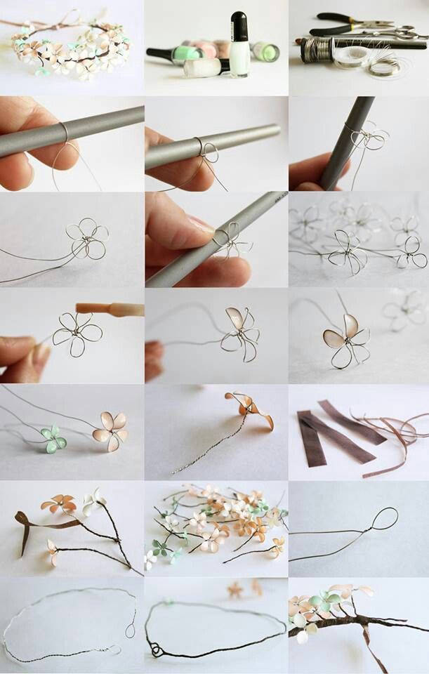 the process of making flower hair pins is shown in multiple pictures, including flowers and beads