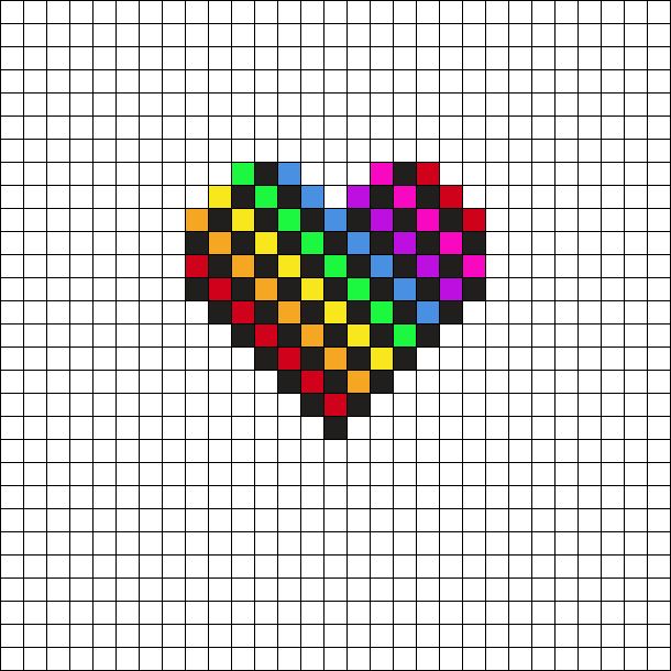 a heart made out of squares on a white gridded background, with the colors red, yellow, green, blue, and black