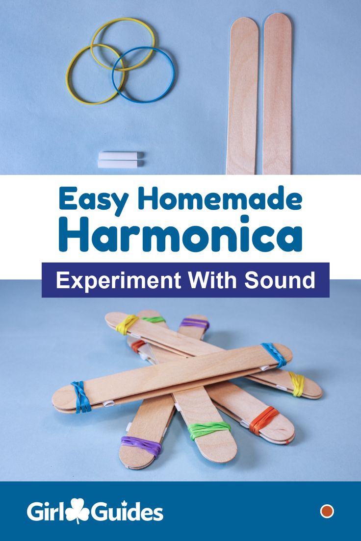 the cover of an easy homemade harmonica experiment with sound, including wooden sticks and rubber bands