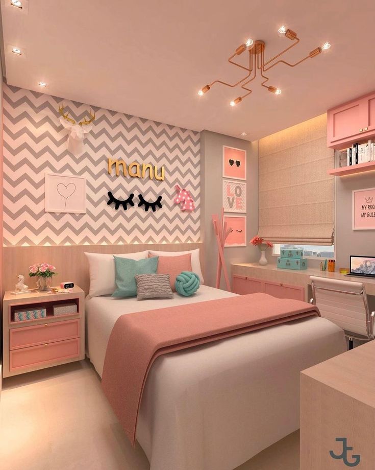 a bedroom with pink and white decor in pastel colors, including chevron wallpaper