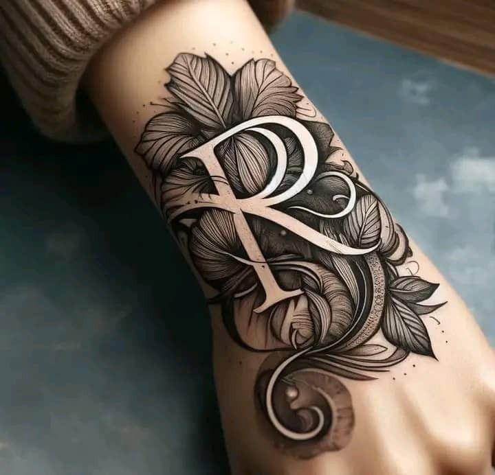 a woman's hand with a black and white tattoo design on it, the letter r