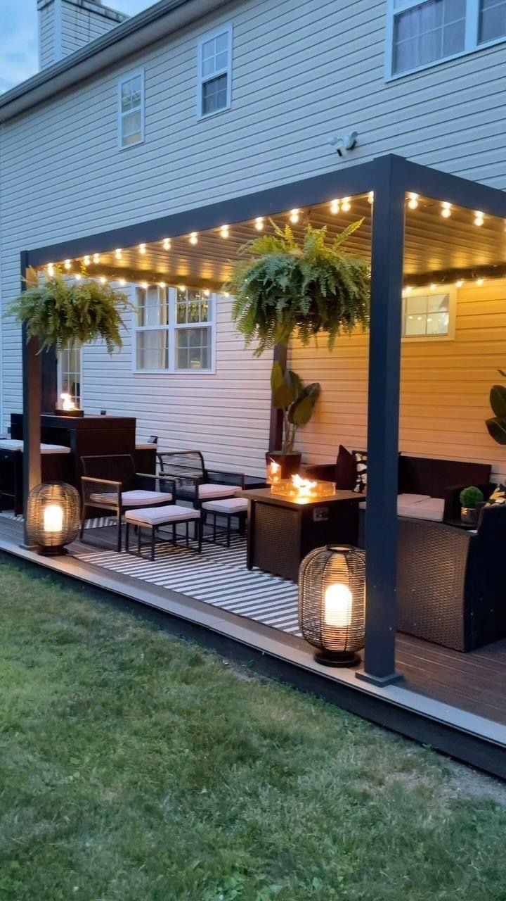 an outdoor patio with lights and furniture