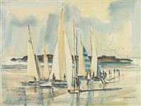 watercolor painting of sailboats on the beach