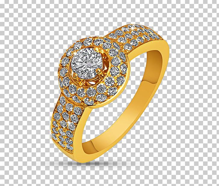 a gold ring with diamonds on the side and a diamond in the middle, against a transparent