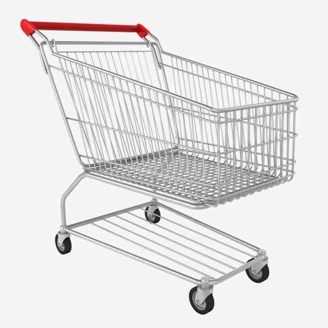 an empty shopping cart on wheels with red handle and black rims, viewed from the front