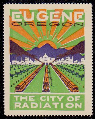 a postage stamp with the city of radiation in green, orange and yellow