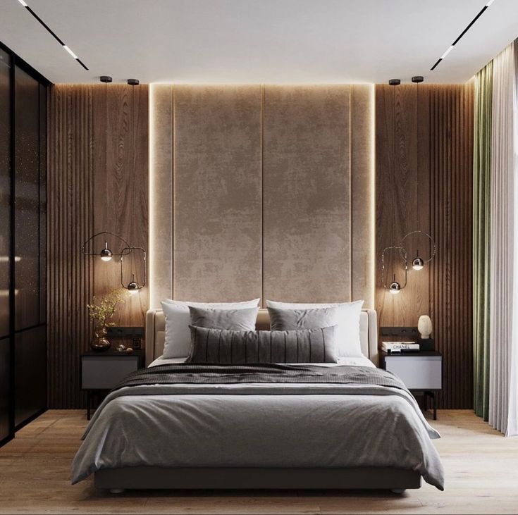 a large bed sitting in the middle of a bedroom next to a tall wooden wall