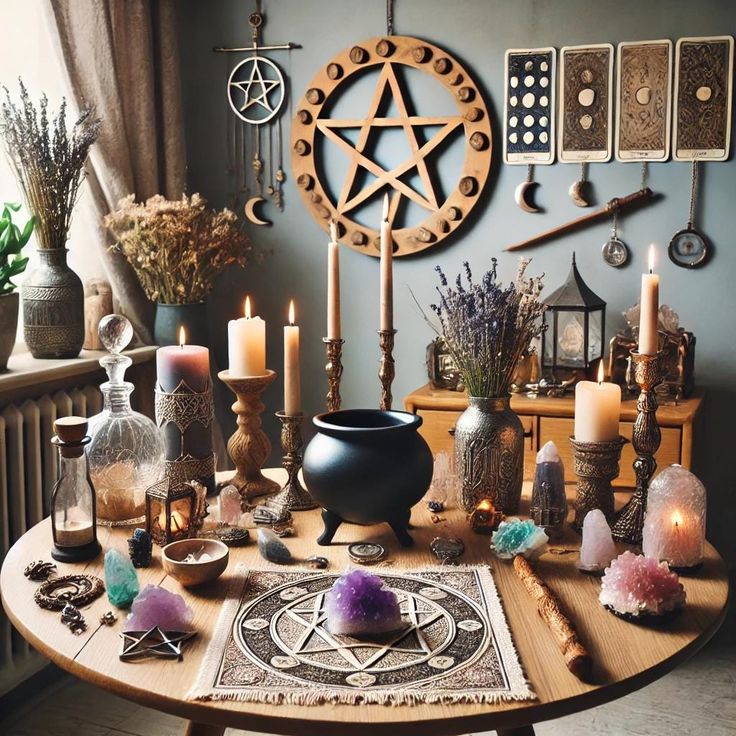 a wooden table topped with lots of candles and other items next to a pentagram