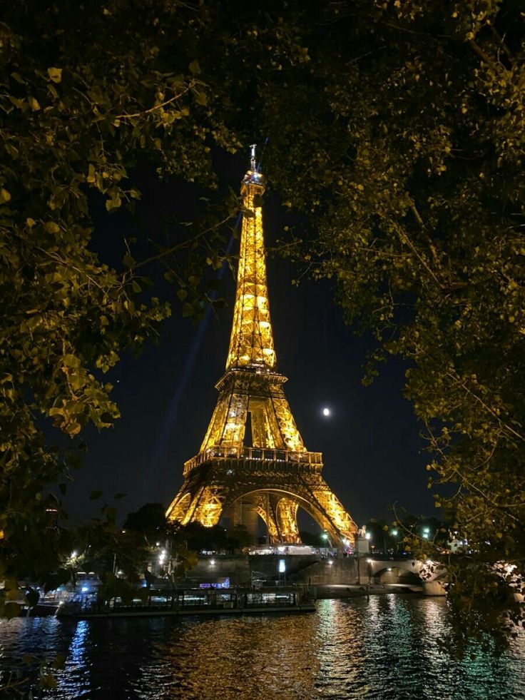 the eiffel tower is lit up at night