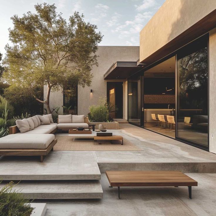 an outdoor living area with couches, tables and stairs leading up to the patio