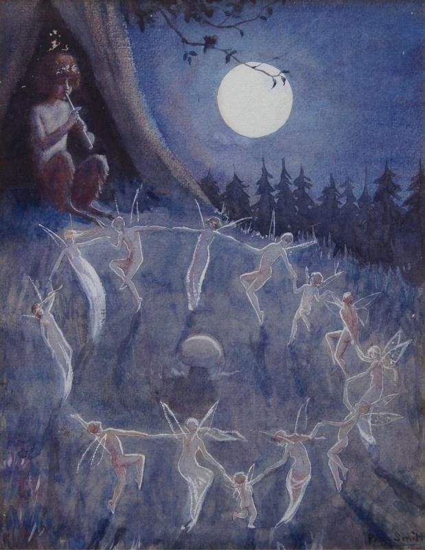 an image of some people dancing in the woods at night with a full moon behind them