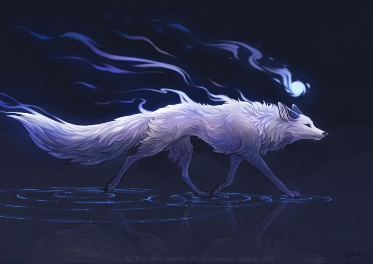 a white wolf walking across a body of water with blue and purple streaks on it's face