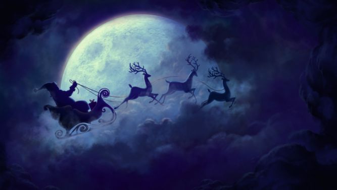 santa's sleigh with reindeers flying in front of a full moon