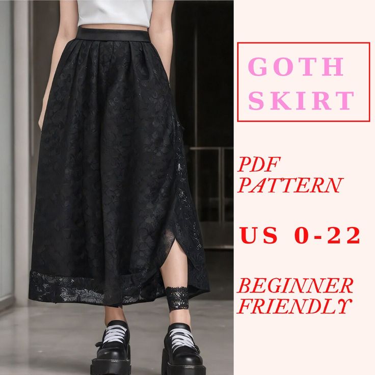 This is an easy gothic skirt pdf sewing pattern. You can use this pattern to make halloween costumes or everyday skirts. All you need is be creative and play with colors and fabrics. This midi skirt sewing pattern is beginner-friendly. It includes detailed sewing instructions to ensure that everyone can easily follow along. This easy sewing pattern is available in 12 sizes, from US 0 to US 22. You can print the pattern at home using A4 or US Letter paper, or at a copy shop using the A0 format. T Witch Skirt Pattern, Beginner Skirt Sewing Pattern, Gothic Diy Clothes, Goth Sewing Projects, Goth Sewing Patterns, Midi Skirt Sewing Pattern, Witchy Pattern, Diy Goth Clothes, Halloween Sewing Patterns