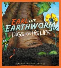 the earthworm book cover with an image of a tree and plants in dirt area