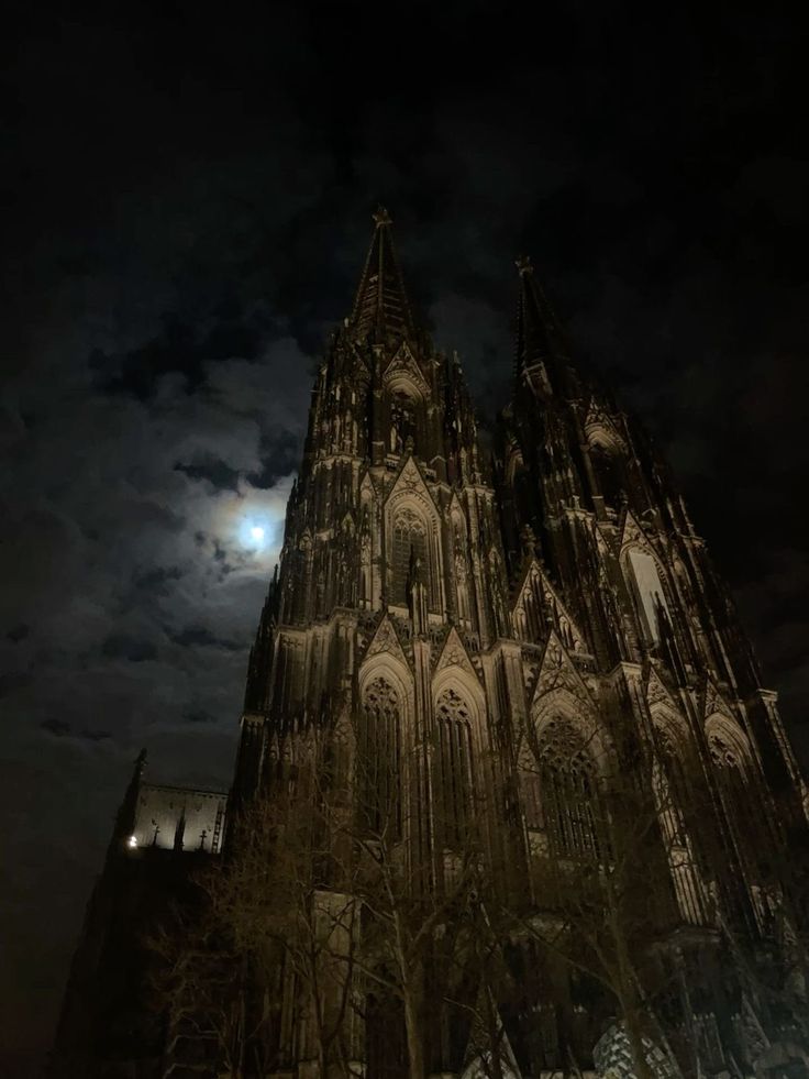 the moon shines brightly in front of a gothic cathedral