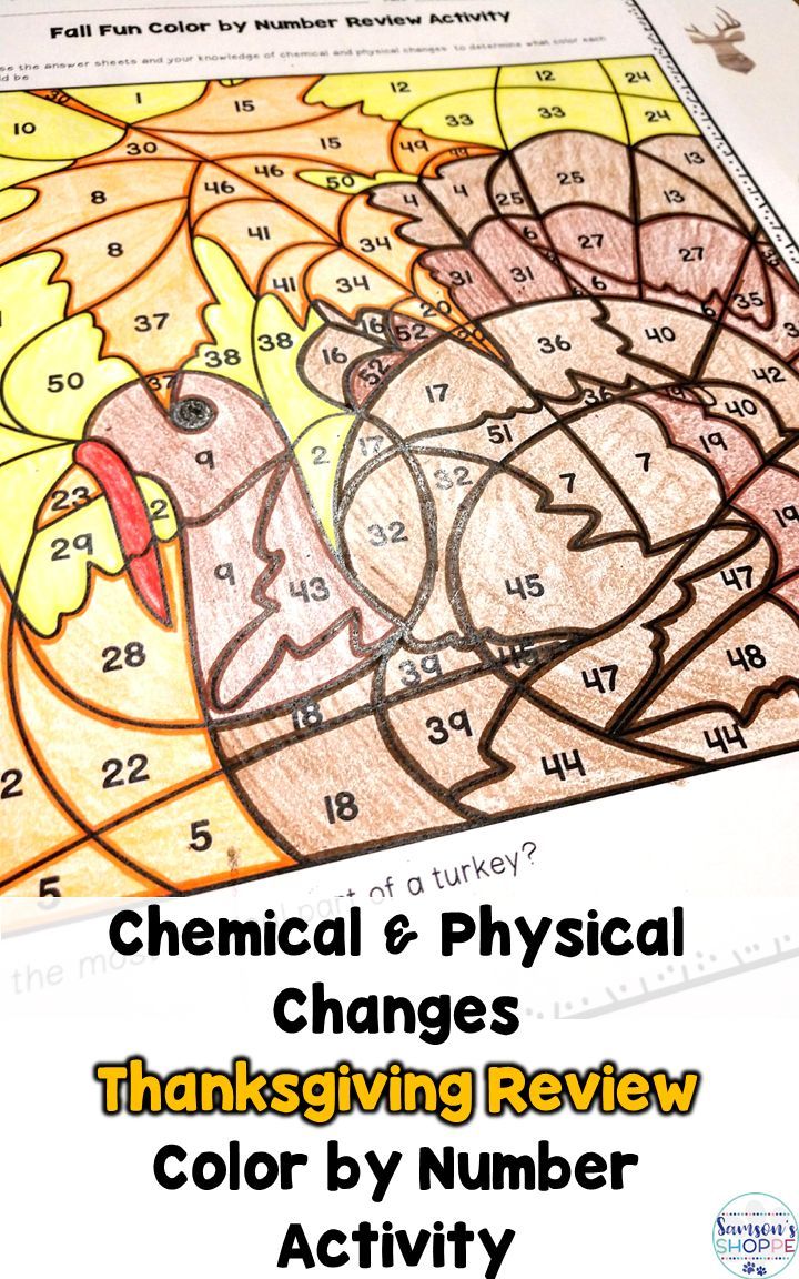 a coloring page with the words, chemical and physical changes thanksgiving review color by number activity