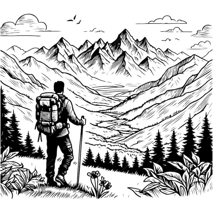 a man with a backpack is hiking in the mountains, black and white line drawing