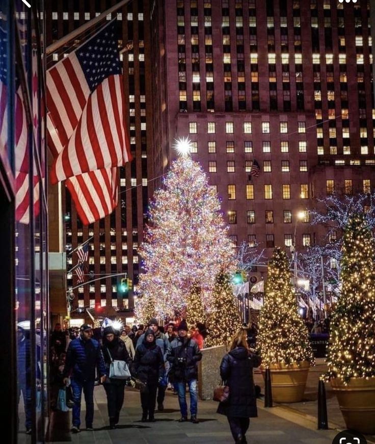 people walking down the street in front of christmas trees with american flags hanging from them