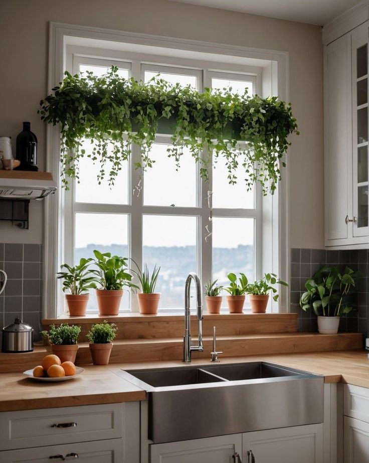 a kitchen window with potted plants on the windowsill and sink in front of it