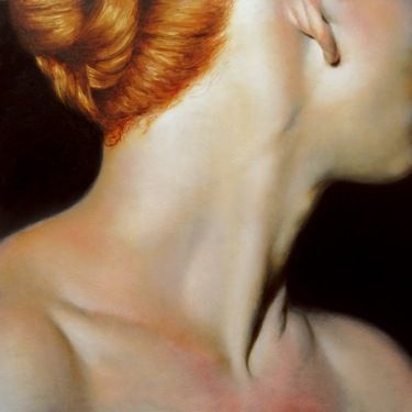 a painting of a woman's head with red hair and curls in her bun