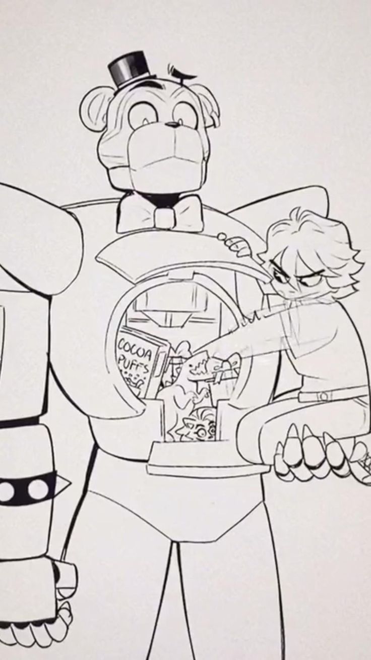 a black and white drawing of a cartoon character holding a toy in one hand while another person holds an object in the other