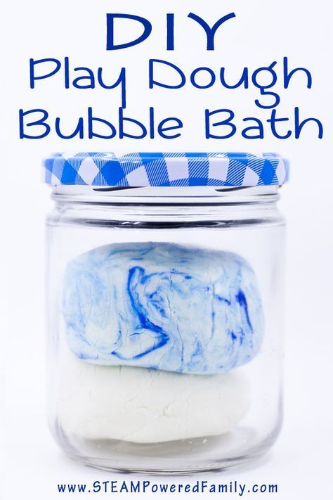 diy play dough bubble bath in a glass jar with blue and white checkered lid