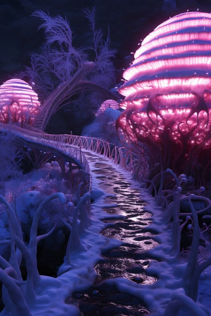 an image of a futuristic garden at night